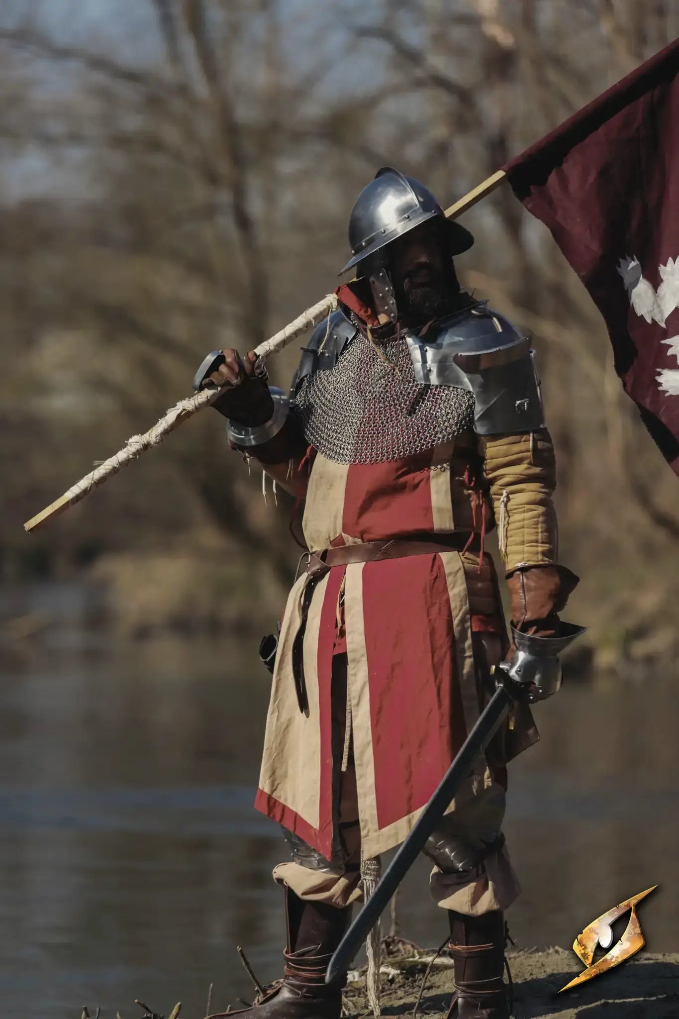 Knight in armor holding a flag, wearing a tabard, representing the Tabards & Surcoats collection.