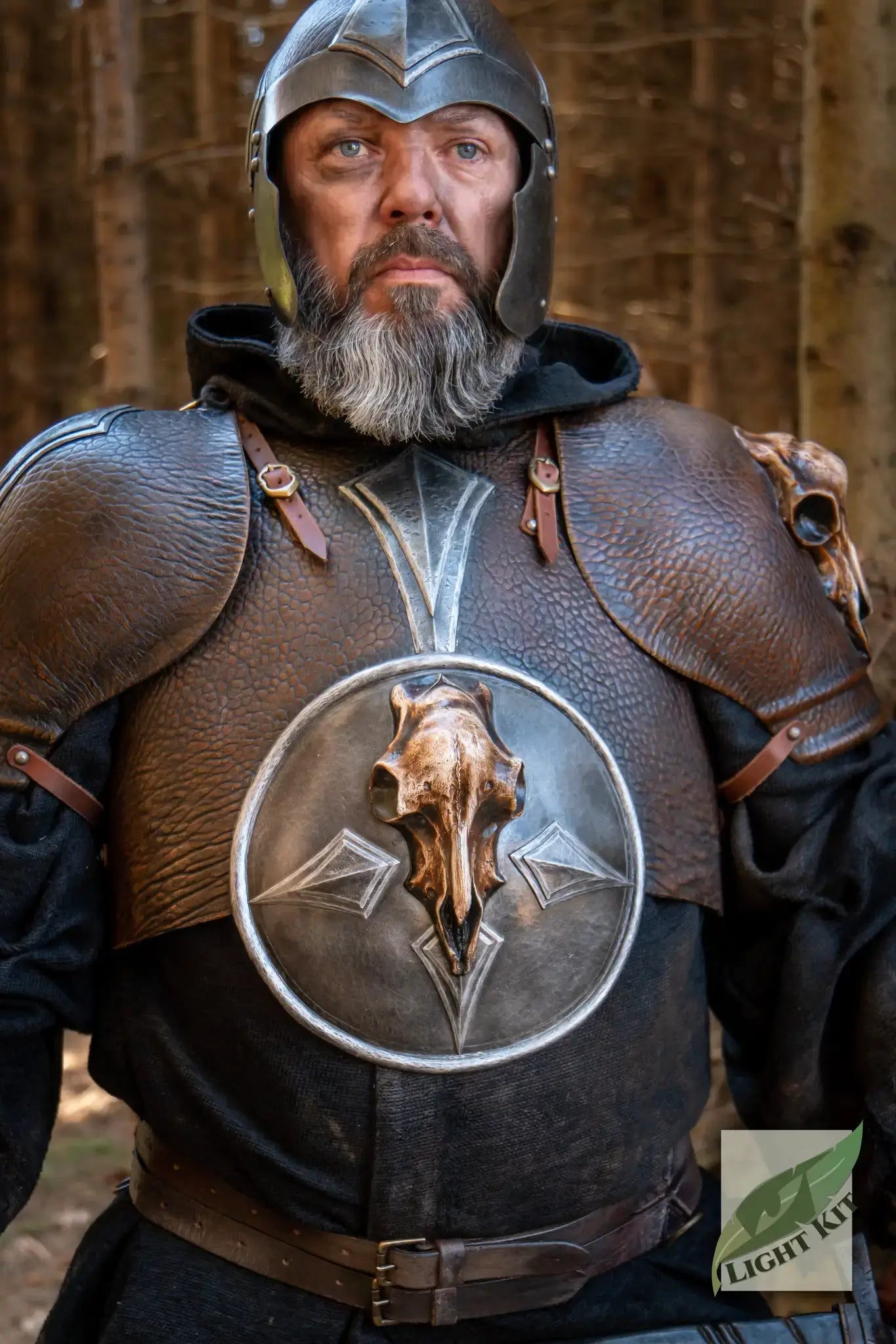 Man wearing PU Armor with intricate details, showcasing a blend of style and protection in a forest setting.