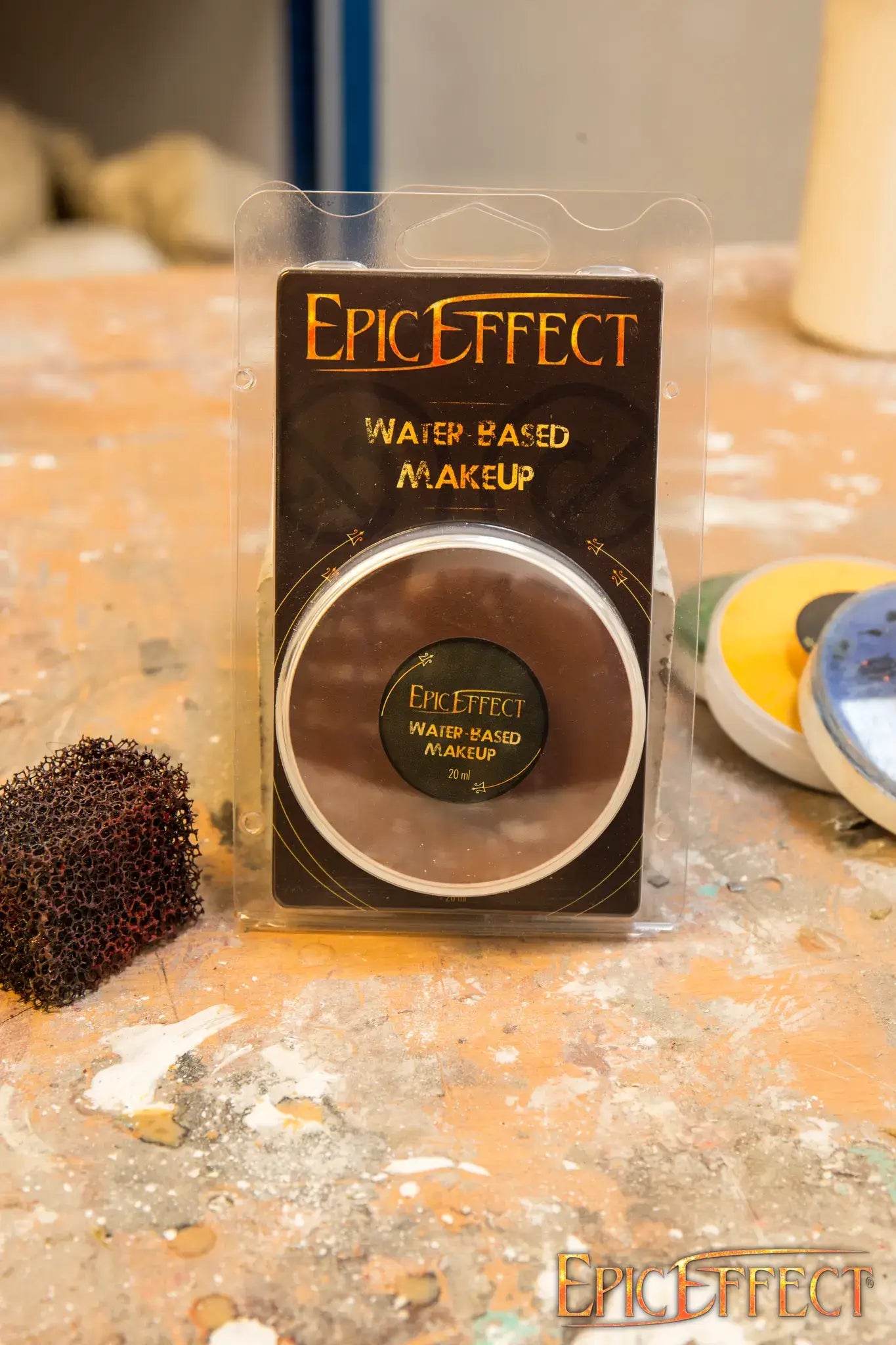 SFX Makeup product by Epic Effect, showing water-based makeup on a work surface with tools.