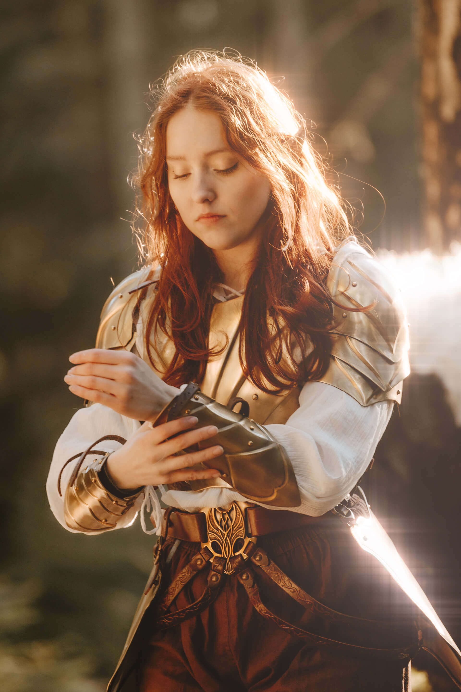 Elves in a mystical forest, a young woman in armor preparing for an adventure.