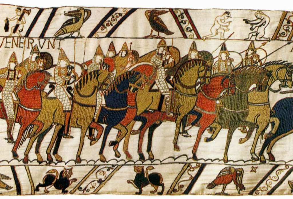 Medieval tapestry depicting knights on horseback from the Medieval Collection, showcasing historical armor and attire.
