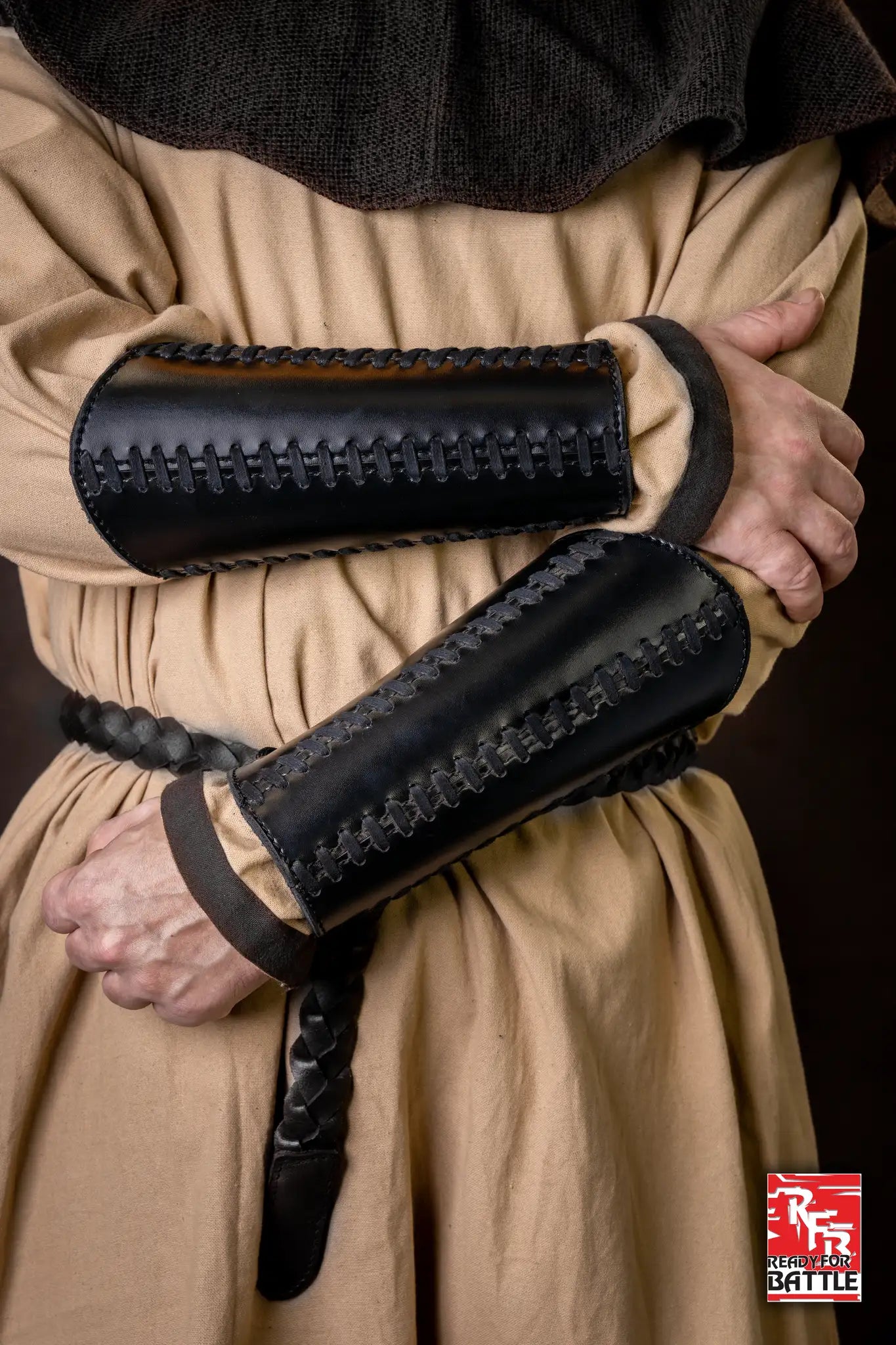 Bracers Squire - Faux Leather worn by a character, showcasing their combat protection and stylish design.