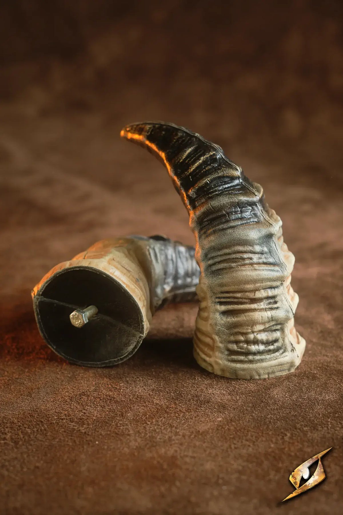 Mountable Demon Horns for creating a monstrous look on armor, made of polyurethane with mounting screws.