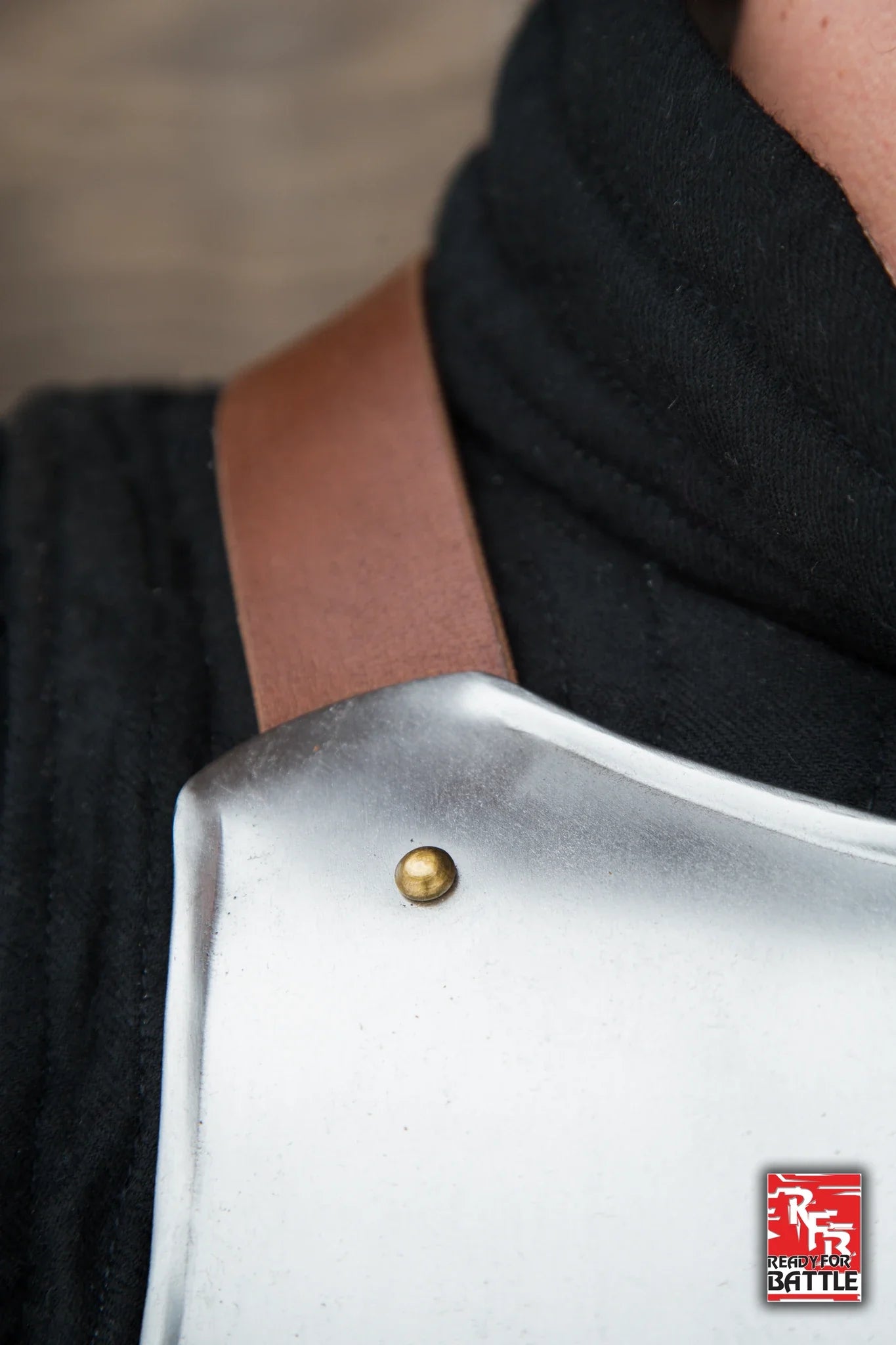 Close-up of an RFB Breastplate showcasing the metal and leather details for armor enthusiasts.