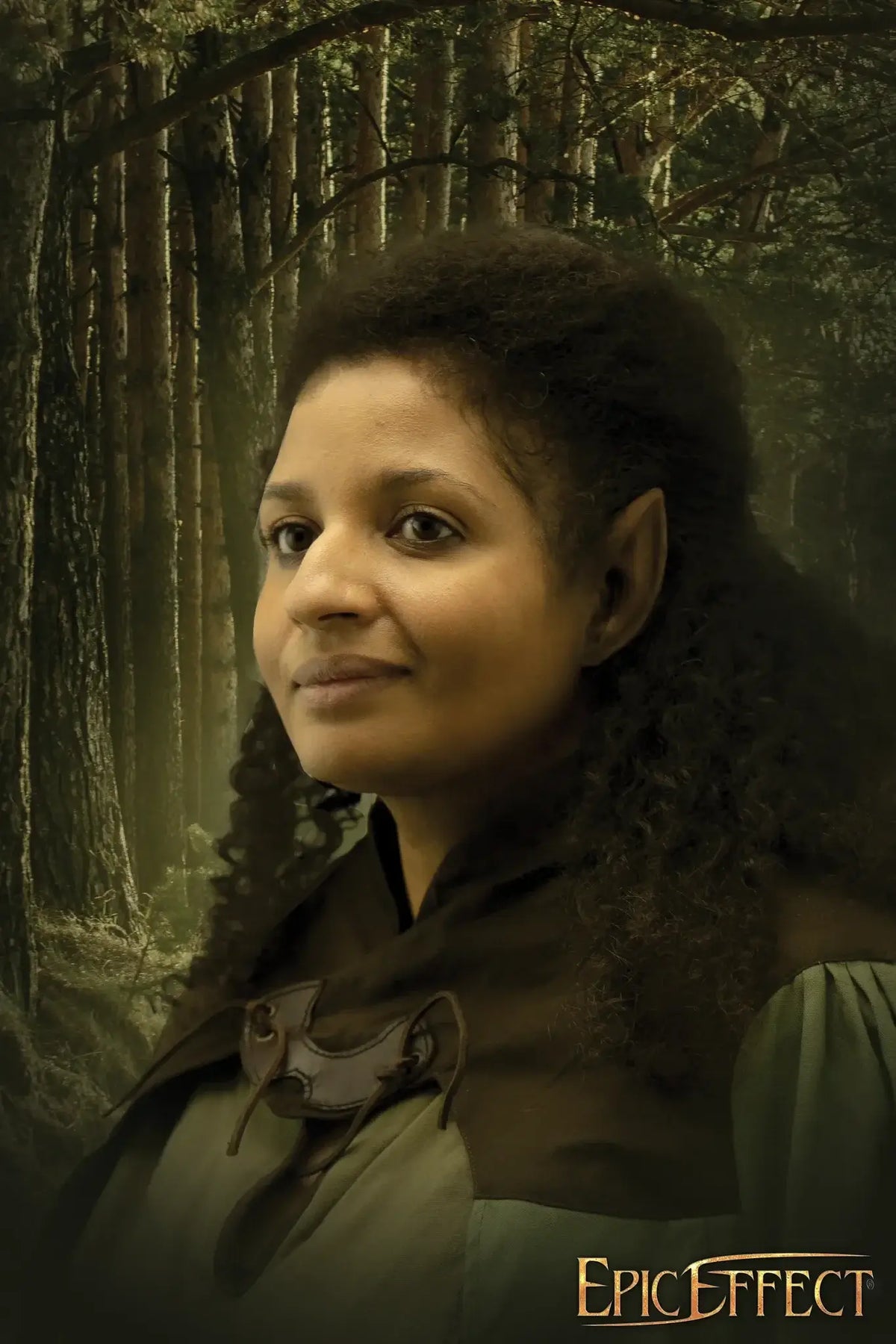 Model wearing Elven Ears from Epic Armoury in a forest setting, showcasing dark skin and pointy ears.
