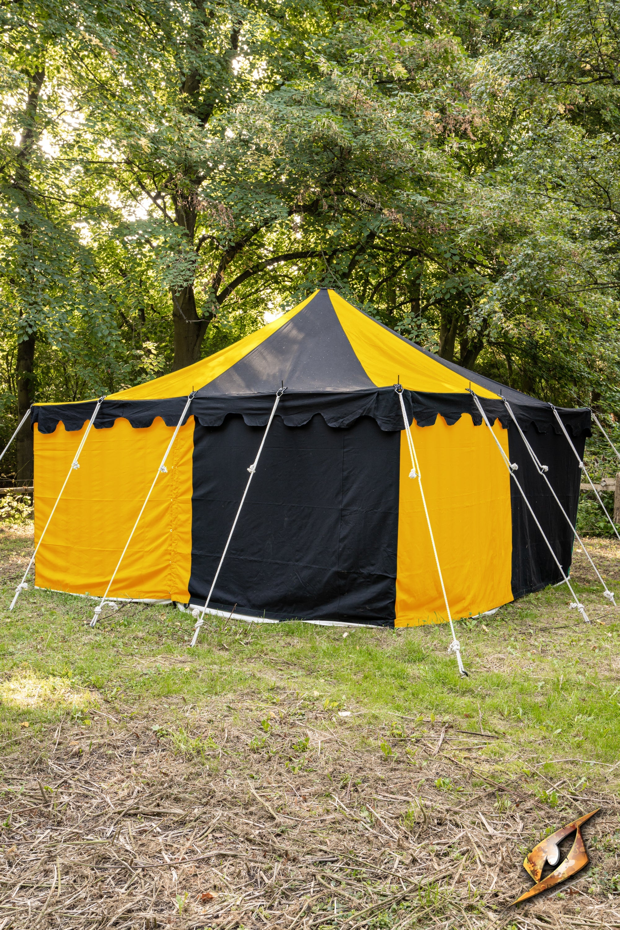 Marquee Tent - 4x4m set up in a wooded area, featuring a vibrant yellow and black design.