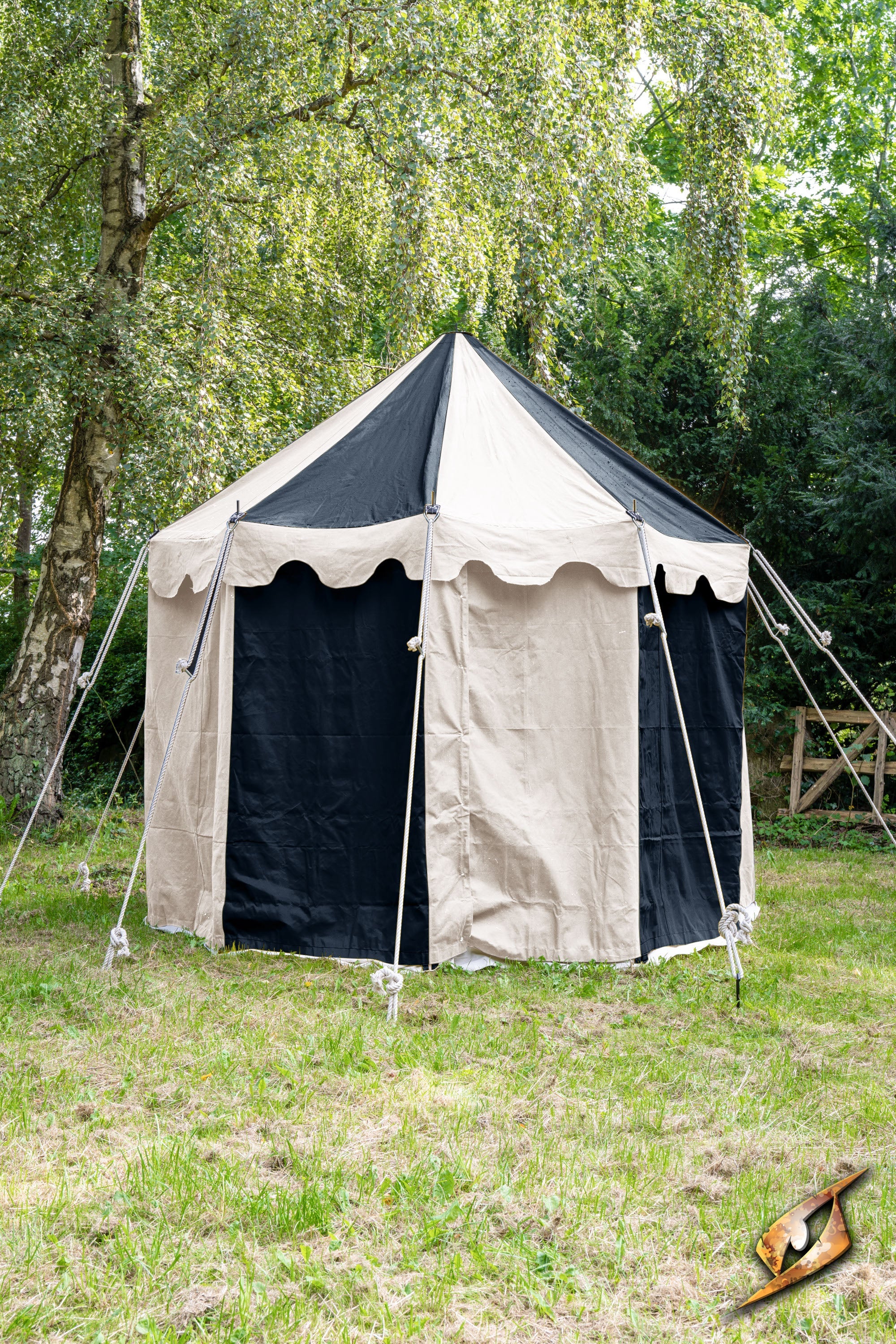 Round Pavilion Tent - 3m set up in a grassy area with trees in the background, featuring a black and beige design.