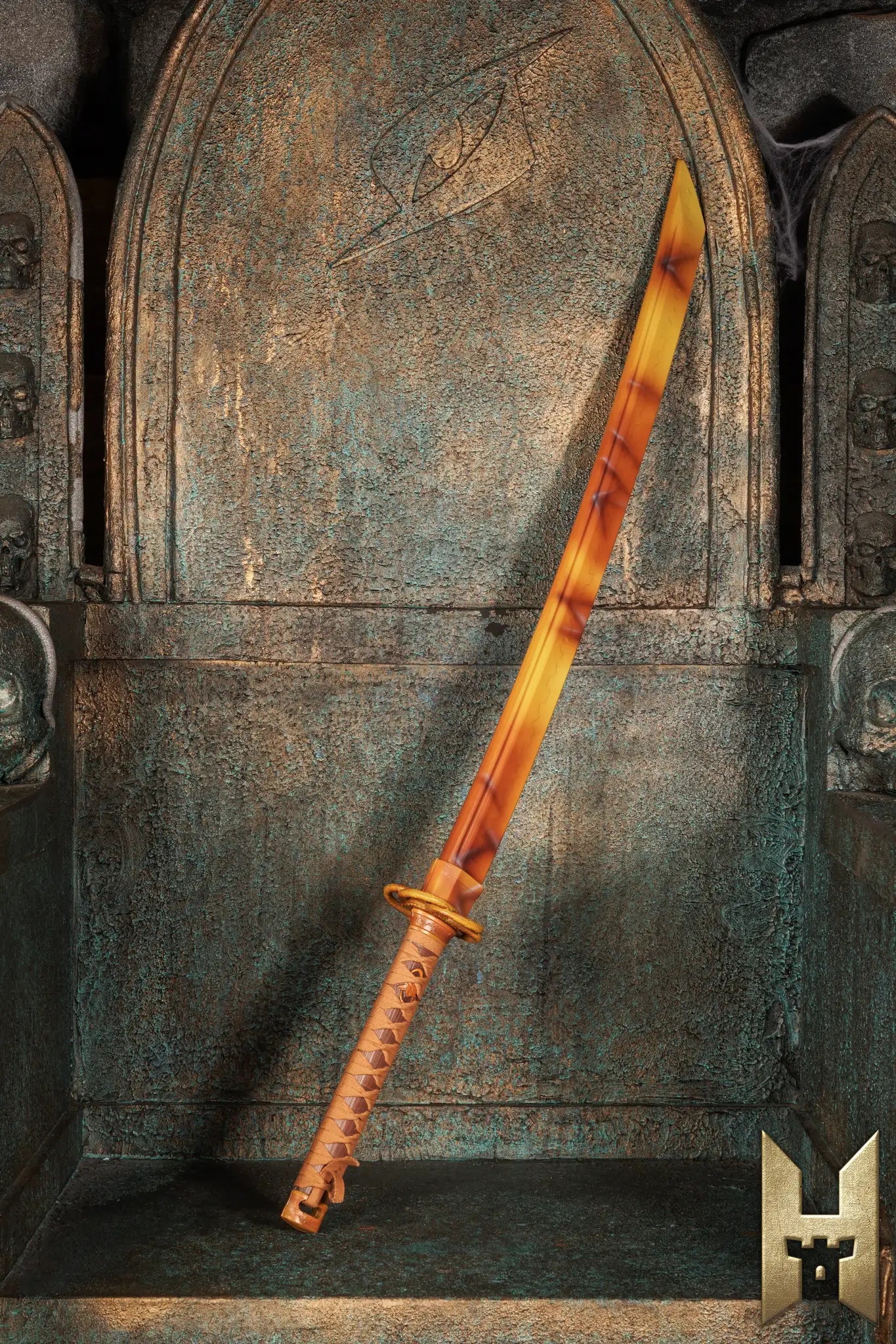 Ryūgan the Katana displayed against an ornate background, showcasing its elegant design for LARP enthusiasts.