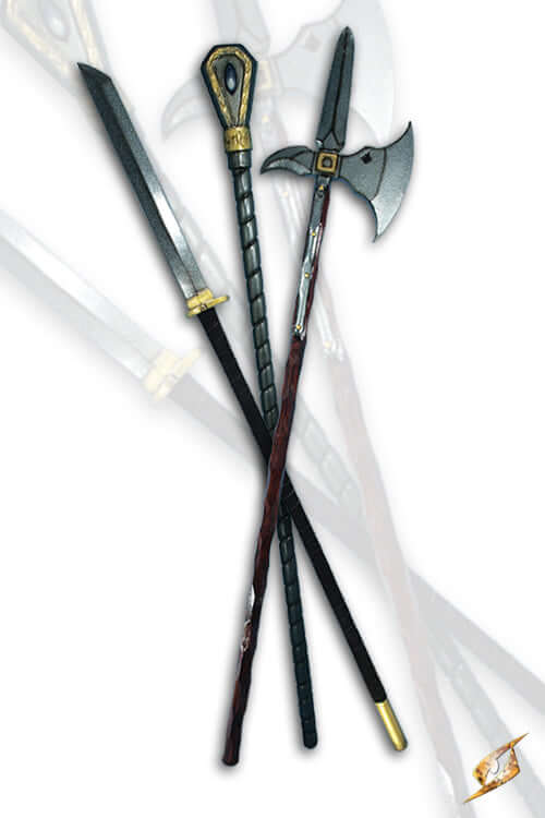 2Q - Staff/Spear collection featuring handmade LARP weapons with unique designs.