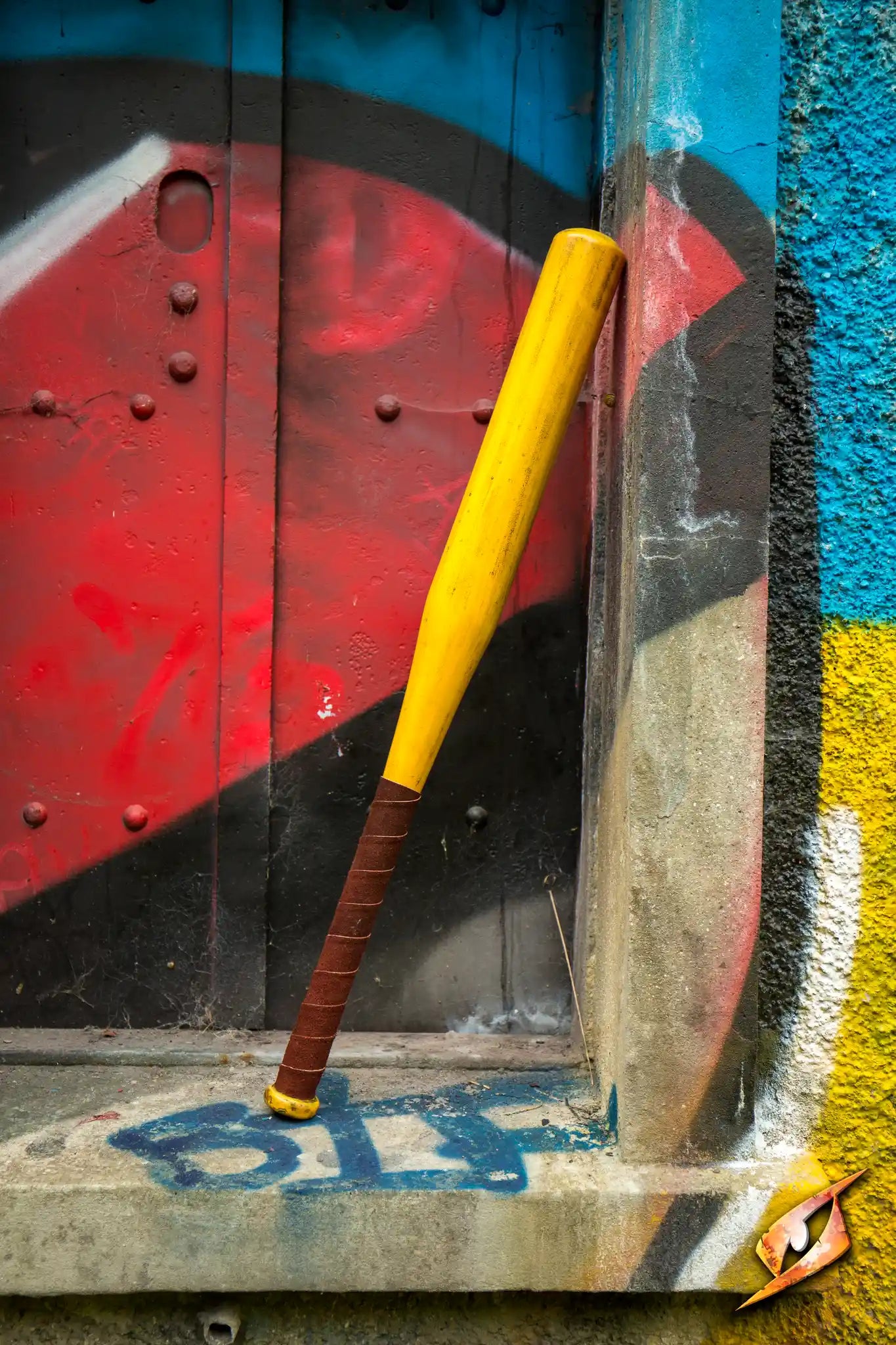 Baseball Bat leaning against a graffiti-covered wall in an abandoned area.