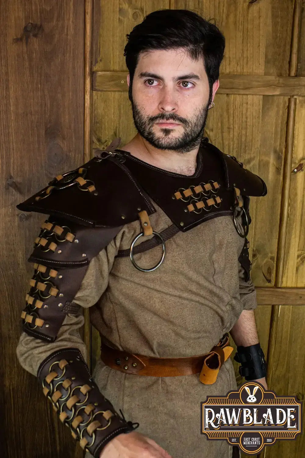 Fighter Gorget with Pauldrons worn by a model showcasing high-quality leather craftsmanship.