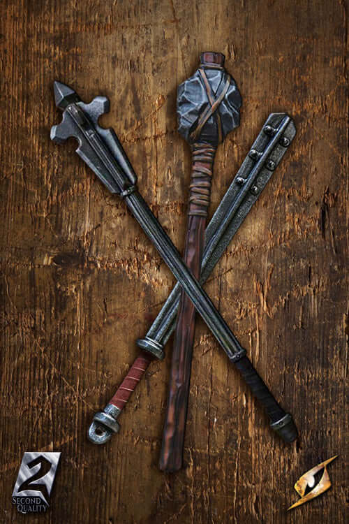 Three 2nd Quality Weapons displayed on a wooden background showcasing their unique designs.