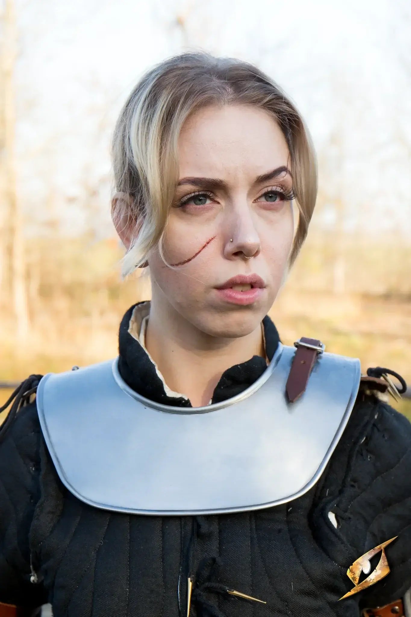 Gorget armor piece protecting the neck and throat, enhancing warrior silhouette and providing vital defense.