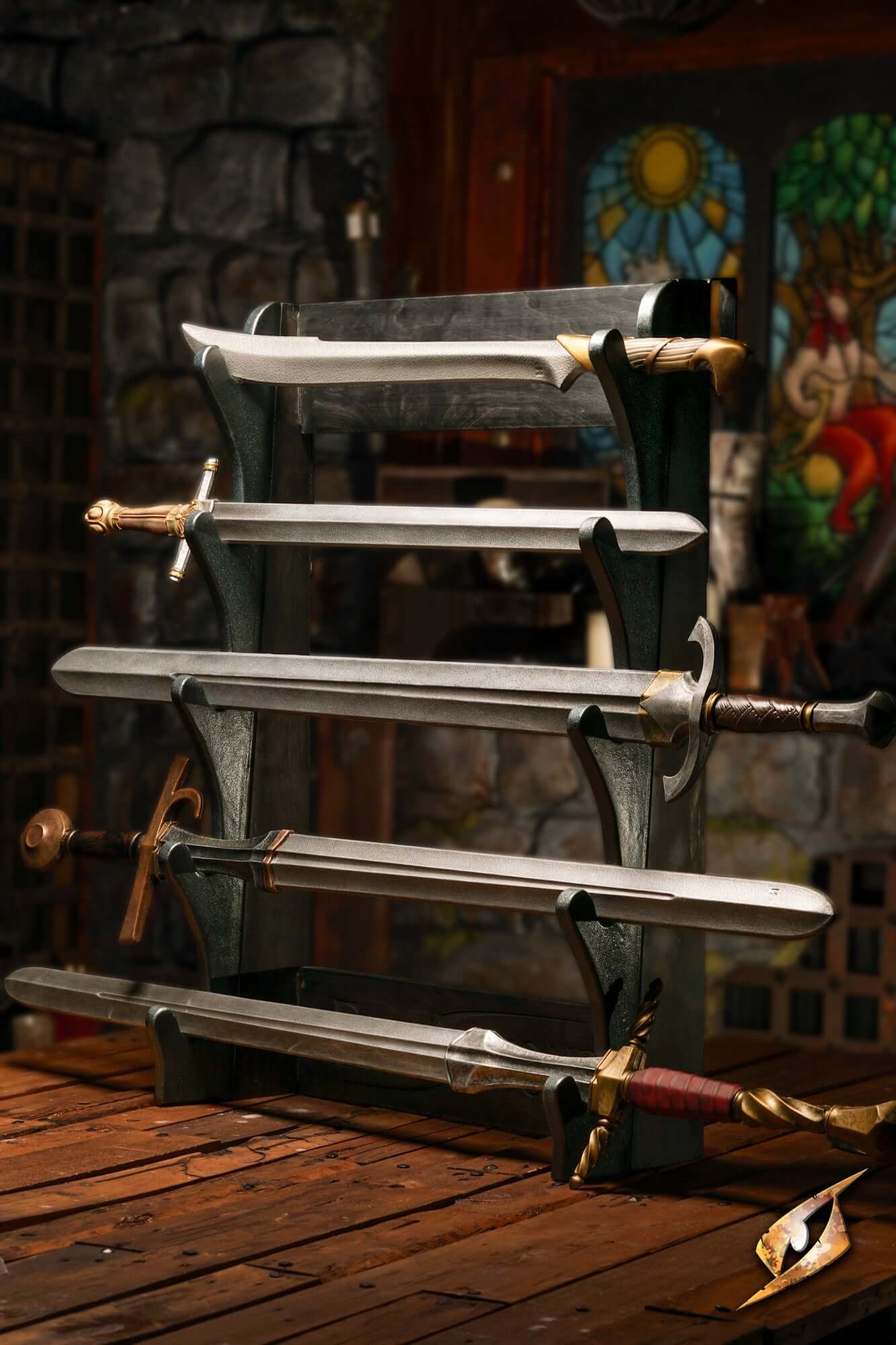 Swords displayed on a wooden rack, showcasing durable foam blades for LARP and fantasy battles.