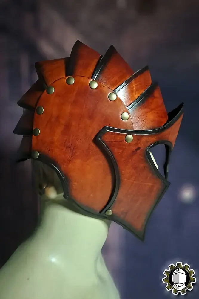 Armorware stylish armor helmet showcasing intricate wooden design and metal accents.