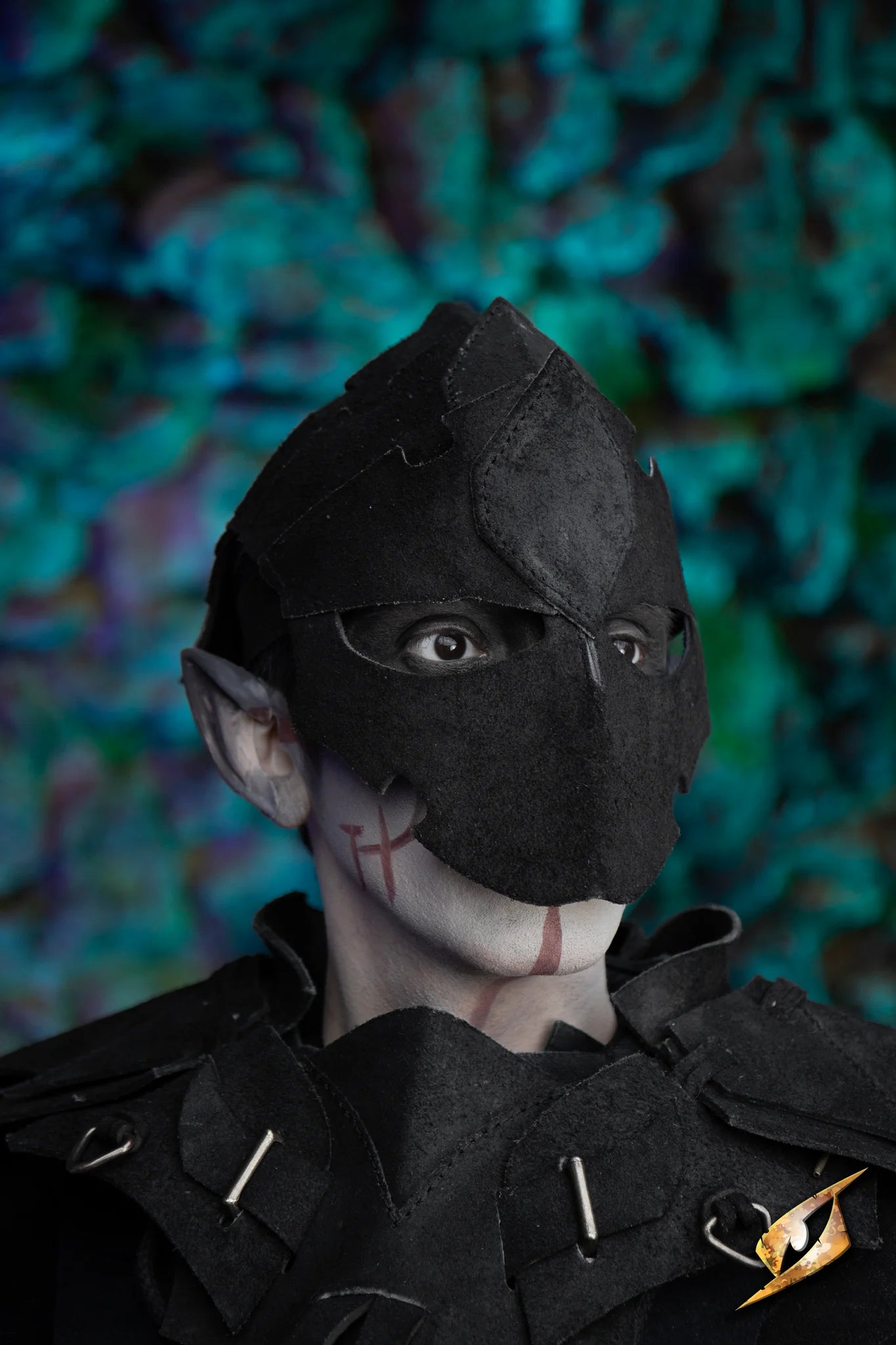 Assassin helmet - Suede worn by a character against a vibrant backdrop, showcasing detailed craftsmanship.