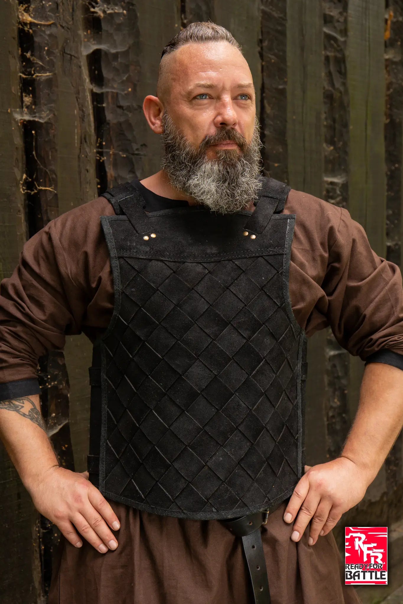 RFB Viking Leather Armour in Epic Black worn by a man, showcasing its stylish design and protective features.