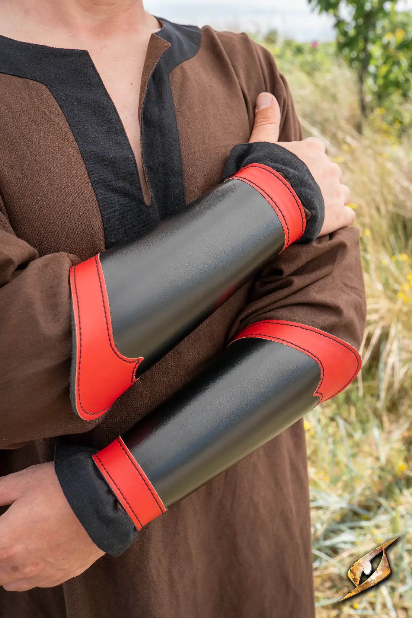 Bracers Warrior - Faux Leather shown on arms, designed for archery, featuring durable polyurethane leather and adjustable lacing.