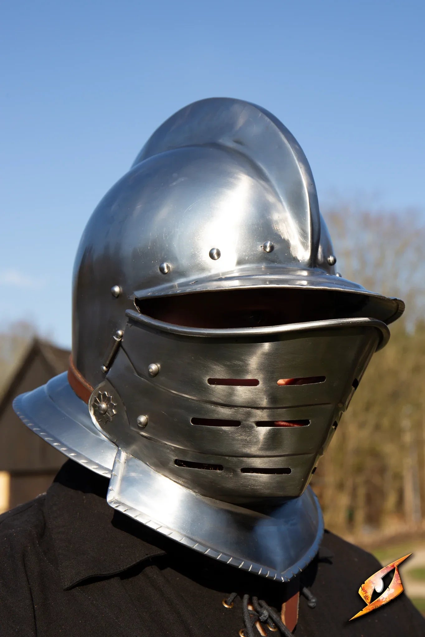 Burgonet Epic Armoury’s polished steel helmet featuring a visor and extended cheek guards for protection.