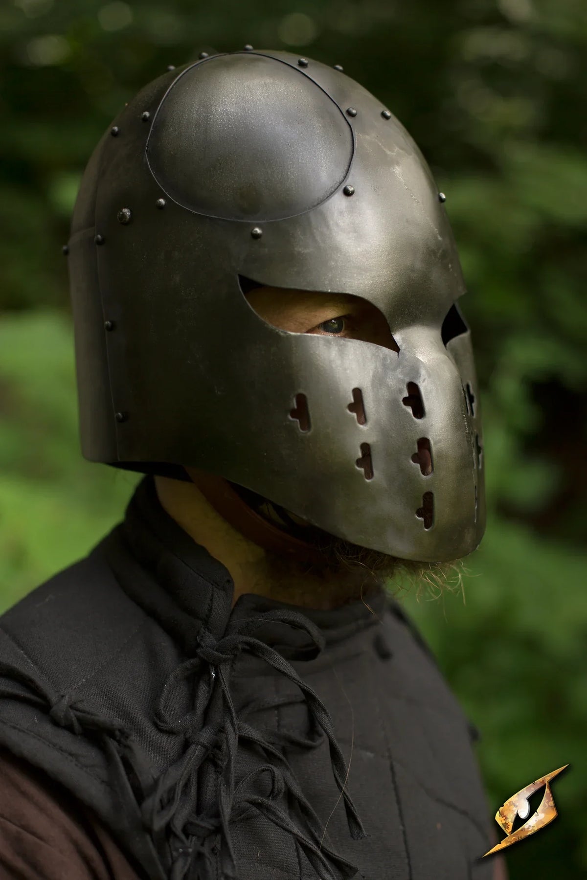 Berserker Helmet showcasing a fierce design with a fixed nose and protective faceguard, ideal for epic battles.