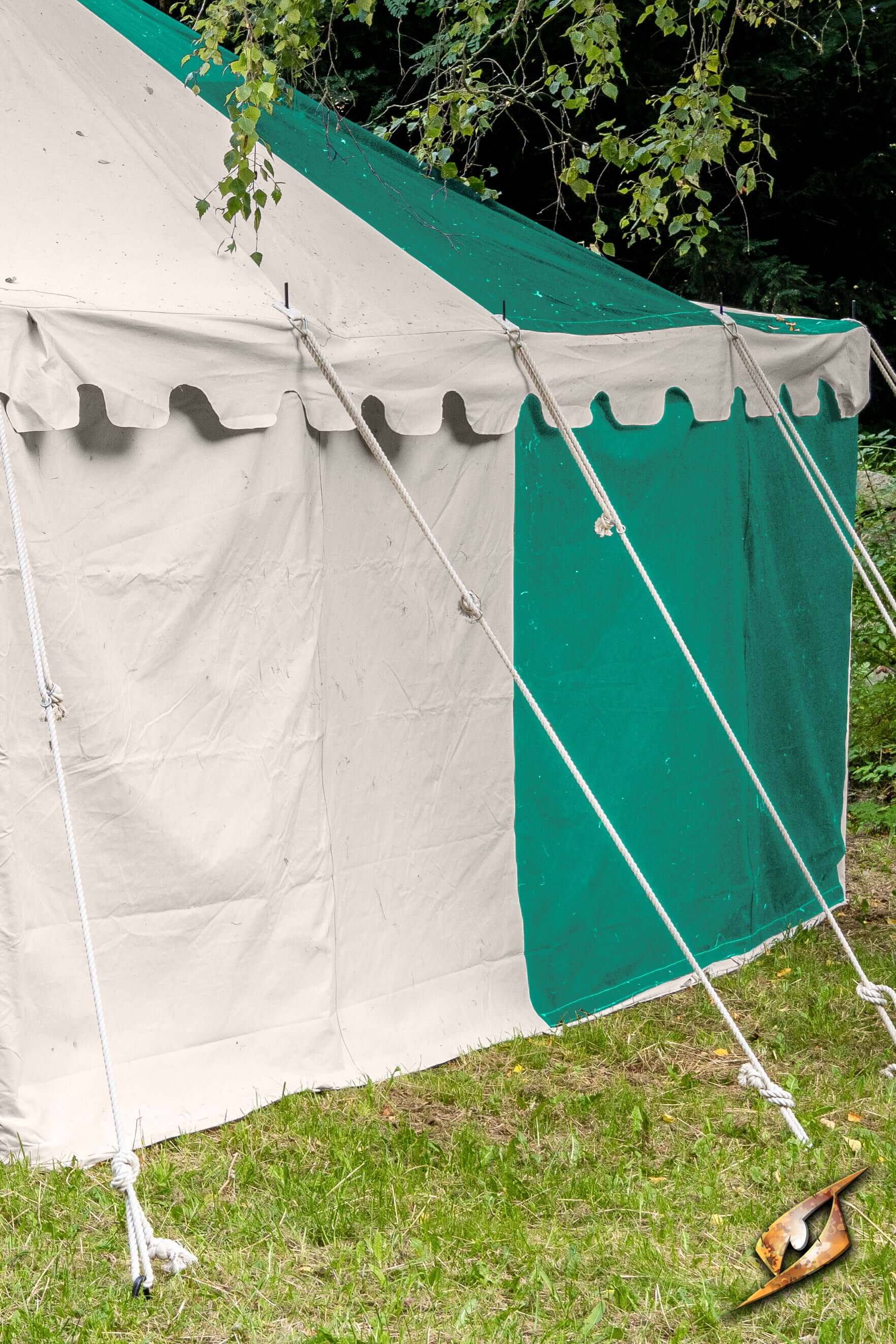 Marquee Tent - Sides - 5x8m showcasing the exterior fabric and tied-down sides in a grassy area.