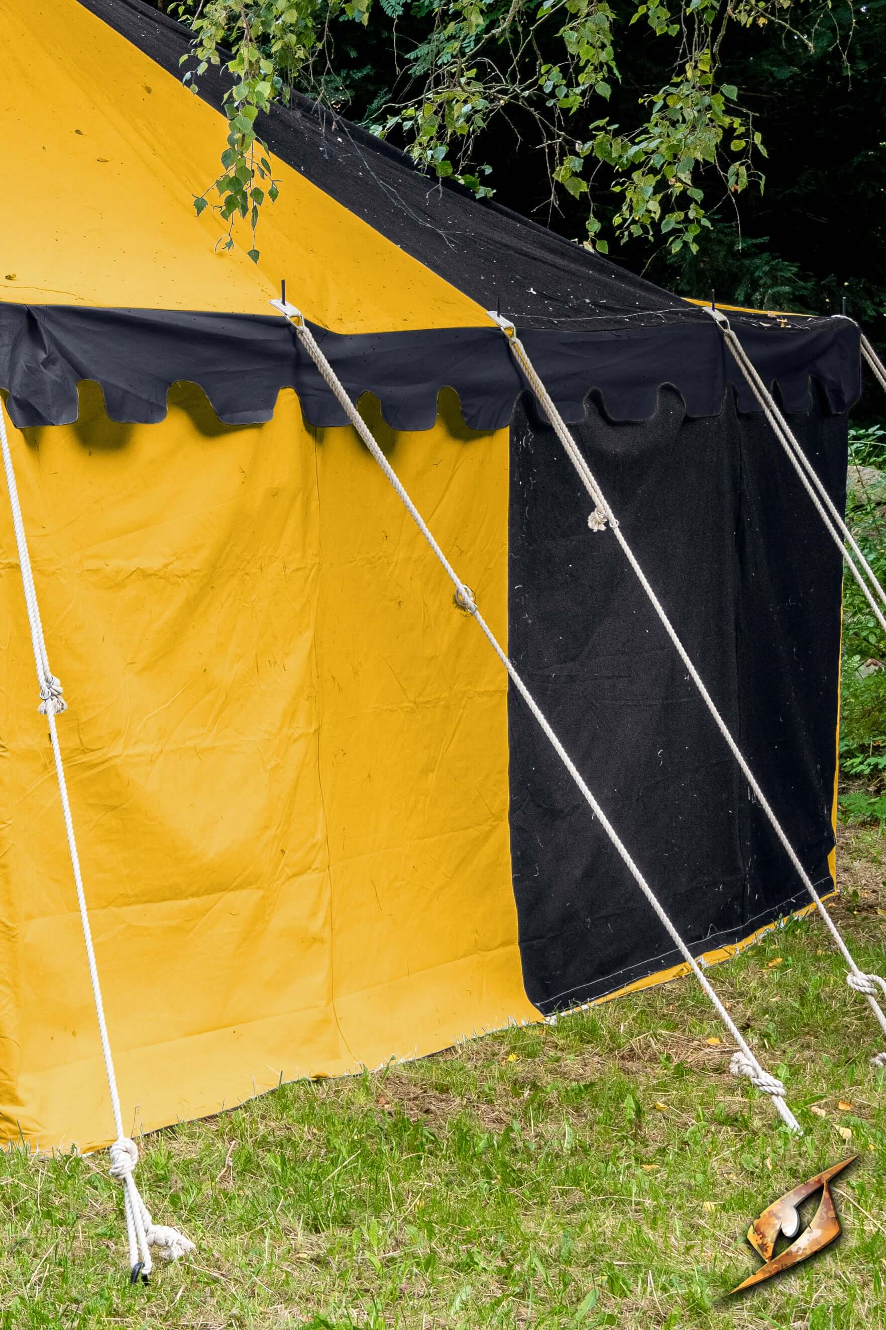 Marquee Tent - Sides - 5x8m showcasing the vibrant yellow and black walls with sturdy tie-downs.