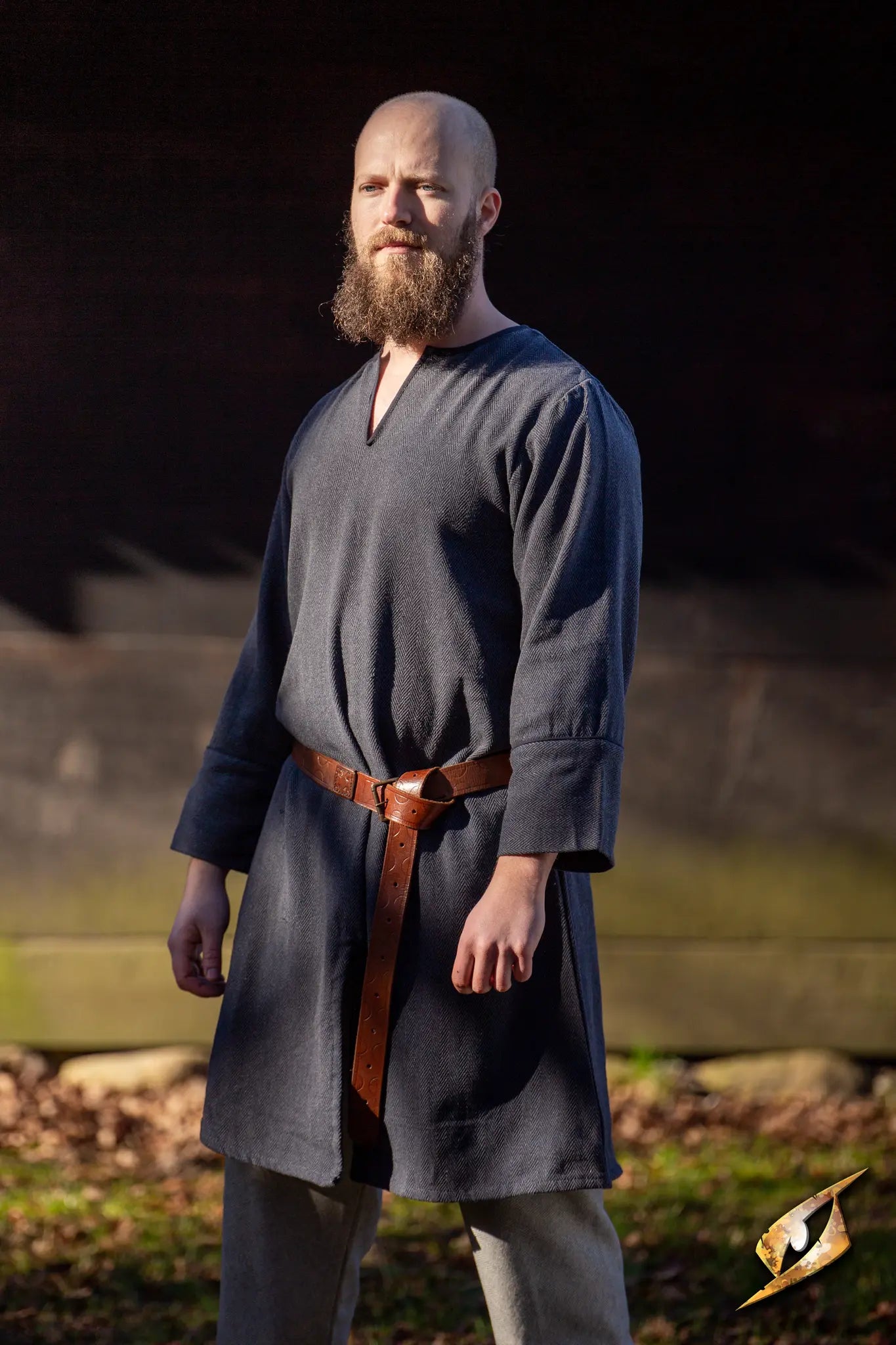 Woodland Tunic in Night Gray with herringbone pattern and tapered edges, perfect for Viking Age-inspired wear.