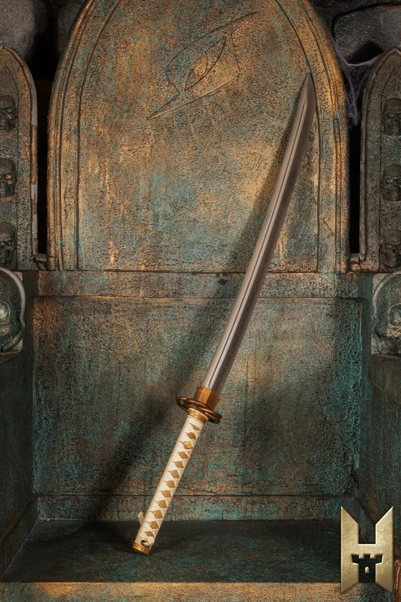 Ryūgan the Katana displayed elegantly on a stylized throne, showcasing its sleek design and craftsmanship.