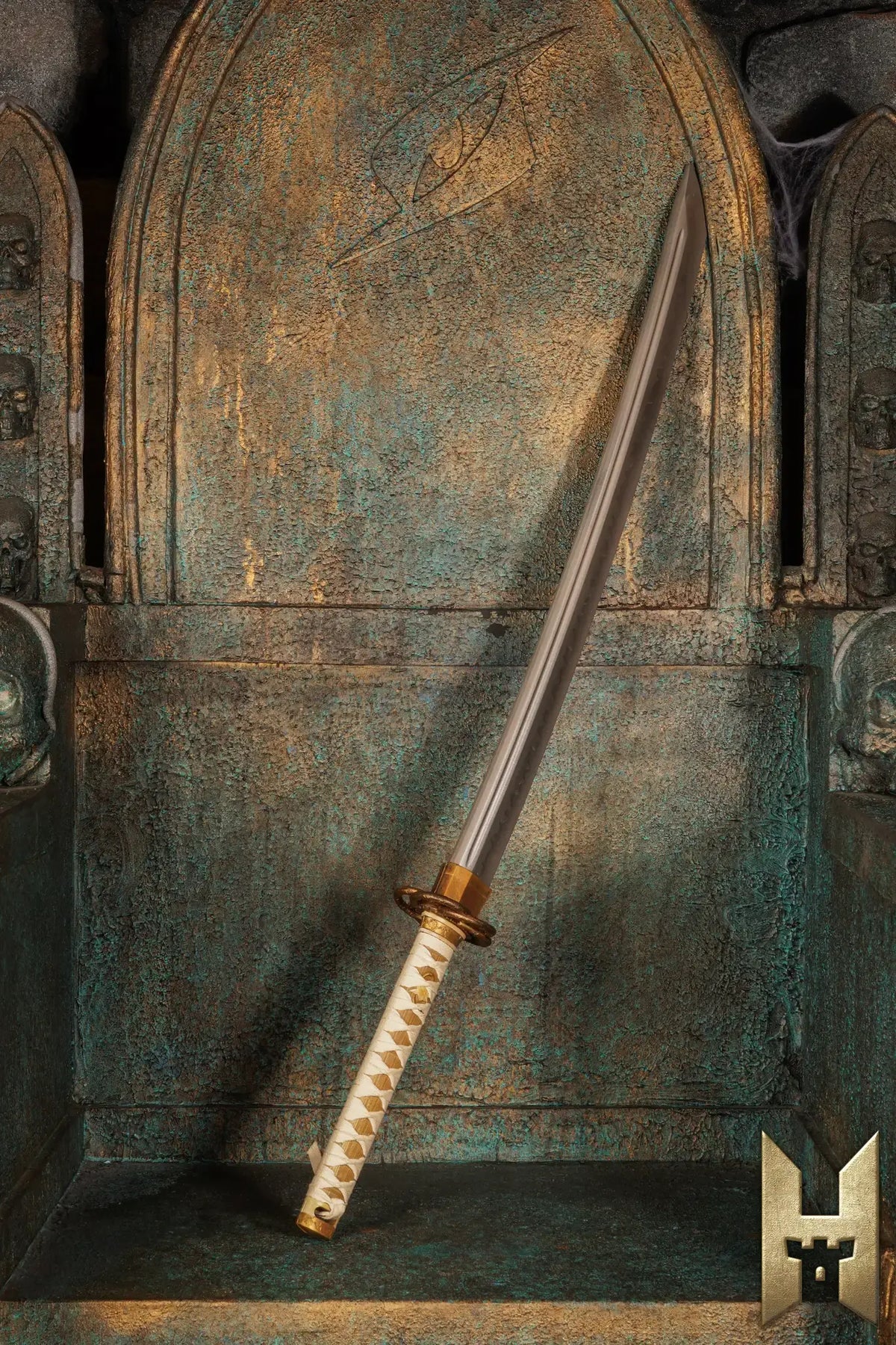 Ryūgan the Katana displayed elegantly on a stylized throne, showcasing its sleek design and craftsmanship.