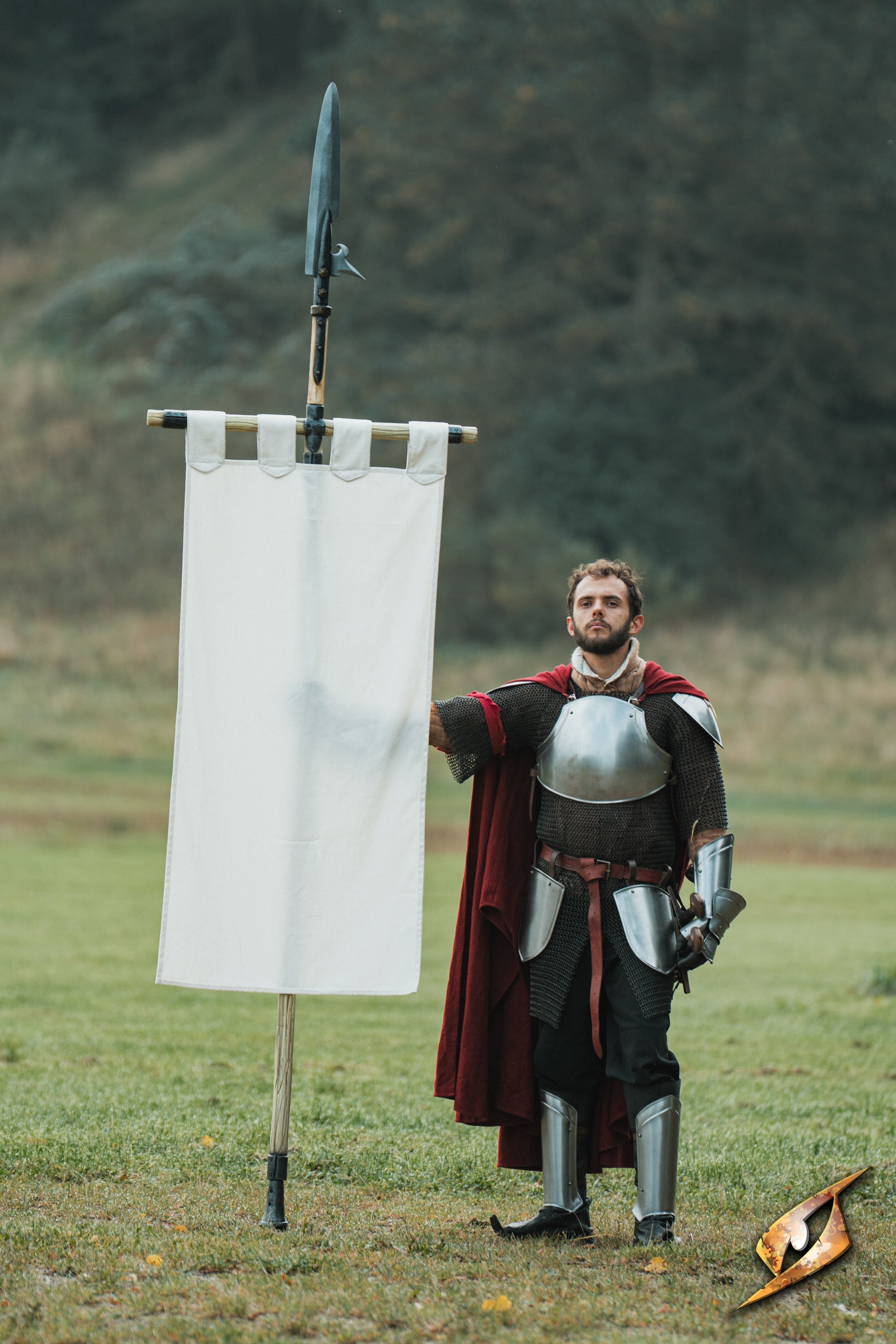 Complete Battle Standard Set - Fauchard Top displayed with a knight in armor holding a banner on a grassy field.