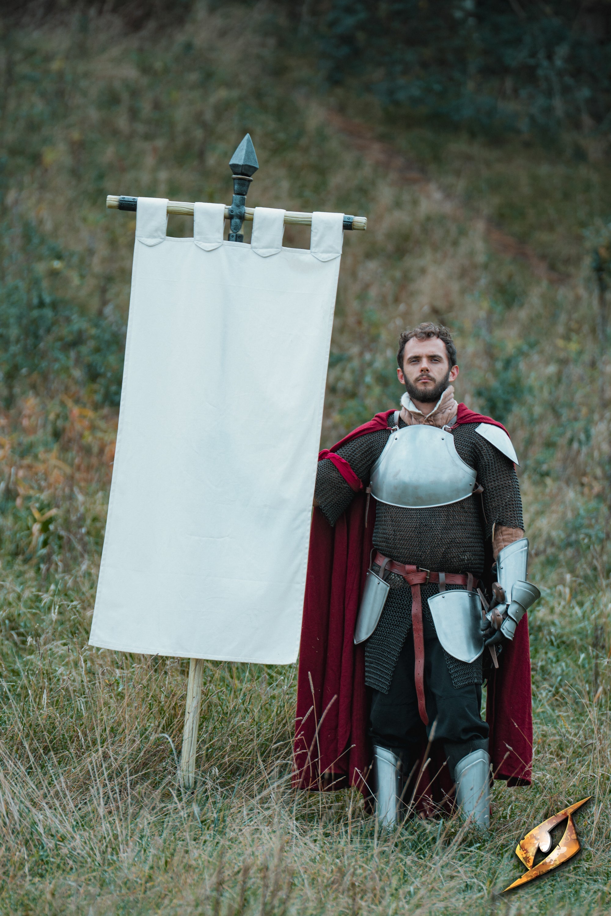 Complete Battle Standard Set - Spear Top displayed with a soldier in armor on a grassy field.