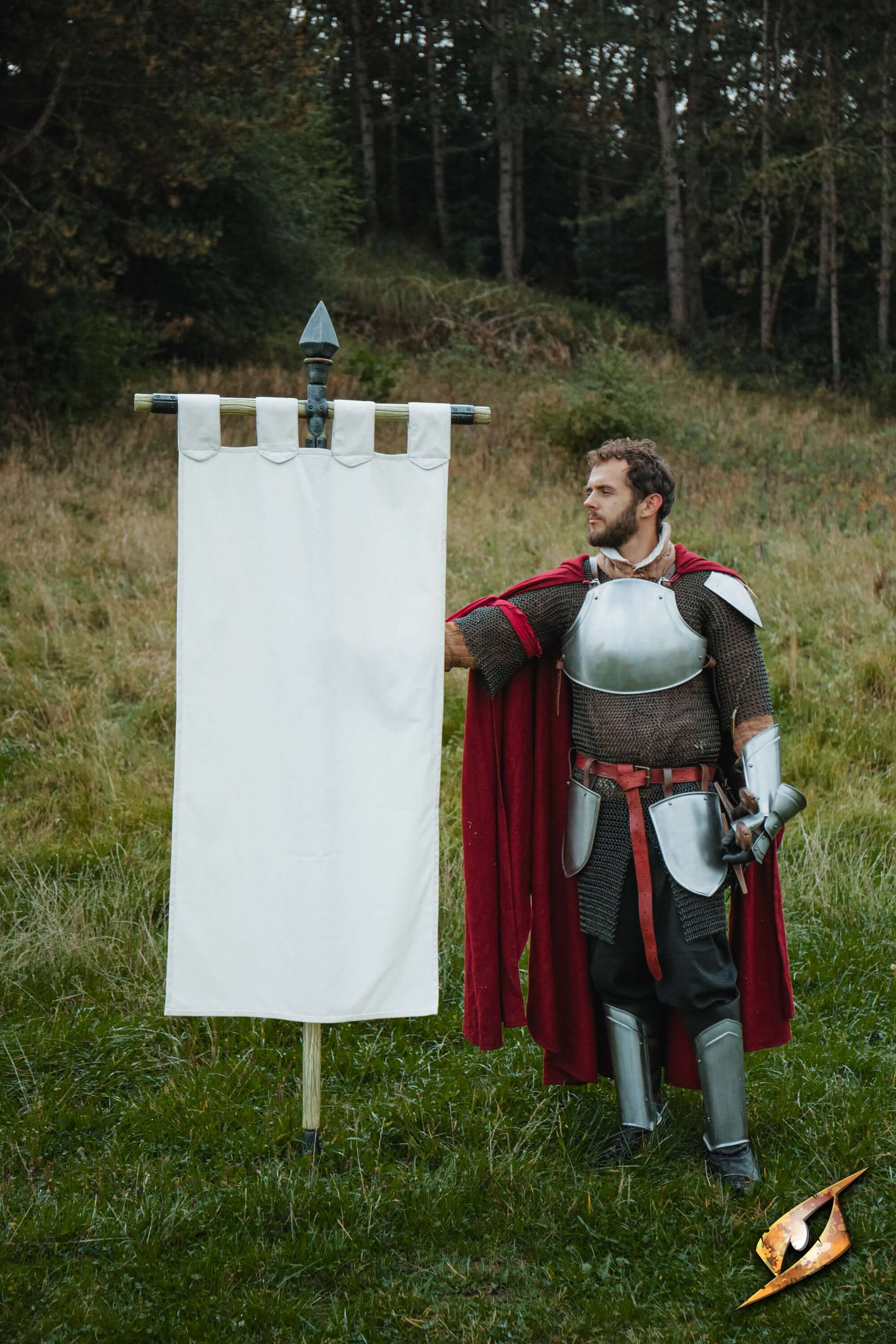 Complete Battle Standard Set - Spear Top displayed by a knight in armor with a cape in a grassy field.