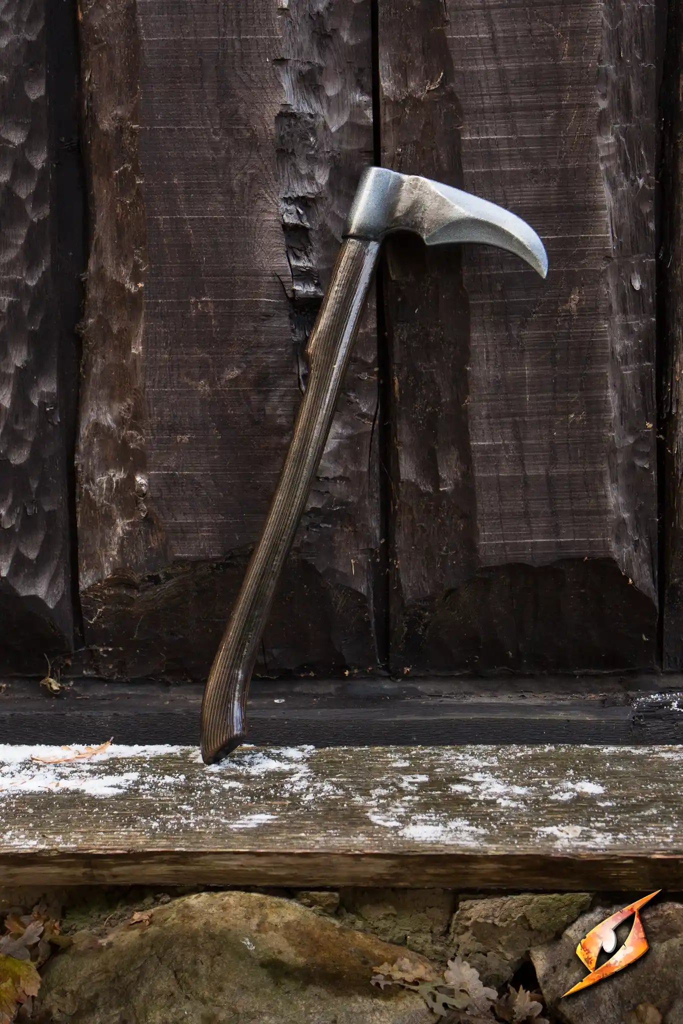 War Scythe - 60 cm, hand-painted latex short axe with a dark wood and steel gray finish, displayed against a rustic background.