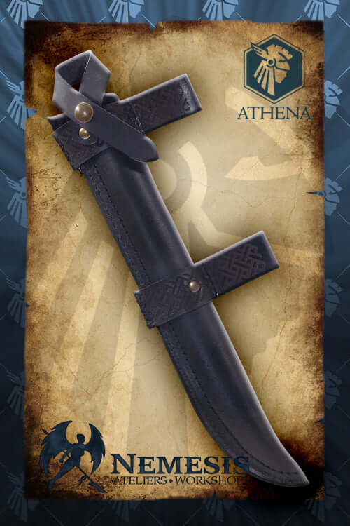 Athena Scabbard - Ranger's knife displayed against a decorative backdrop, highlighting its design and craftsmanship.