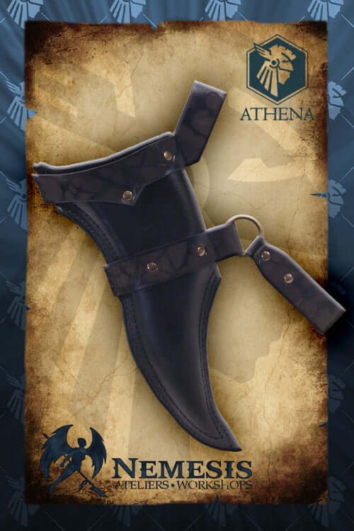 Athena Scabbard - Ritual knife displayed on ornate background with logo.