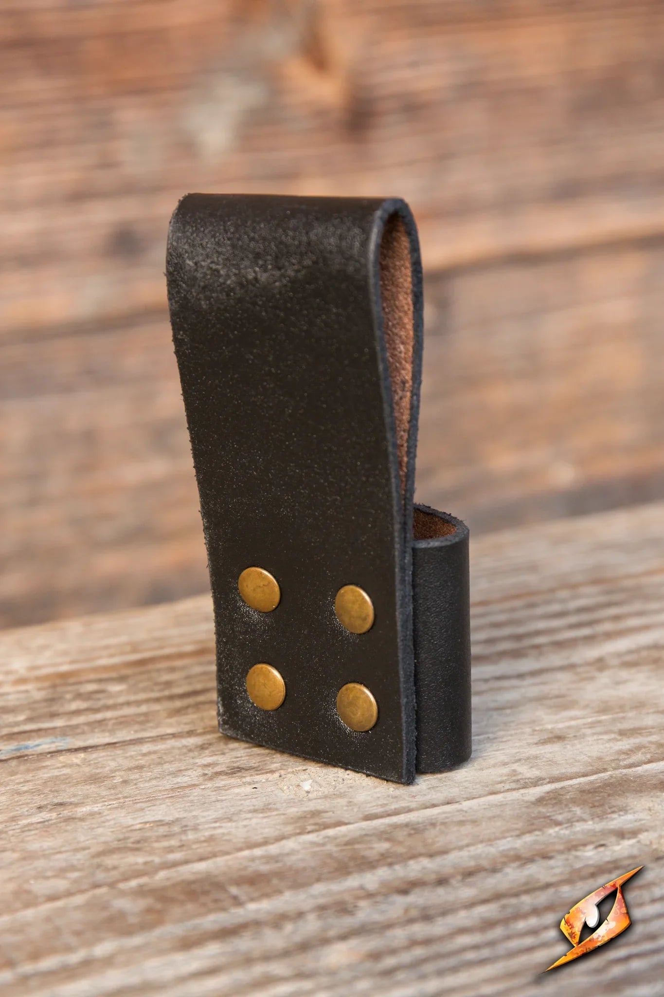Throwing Knives Holder - 1pc, leather knife holder with brass buttons on wooden background
