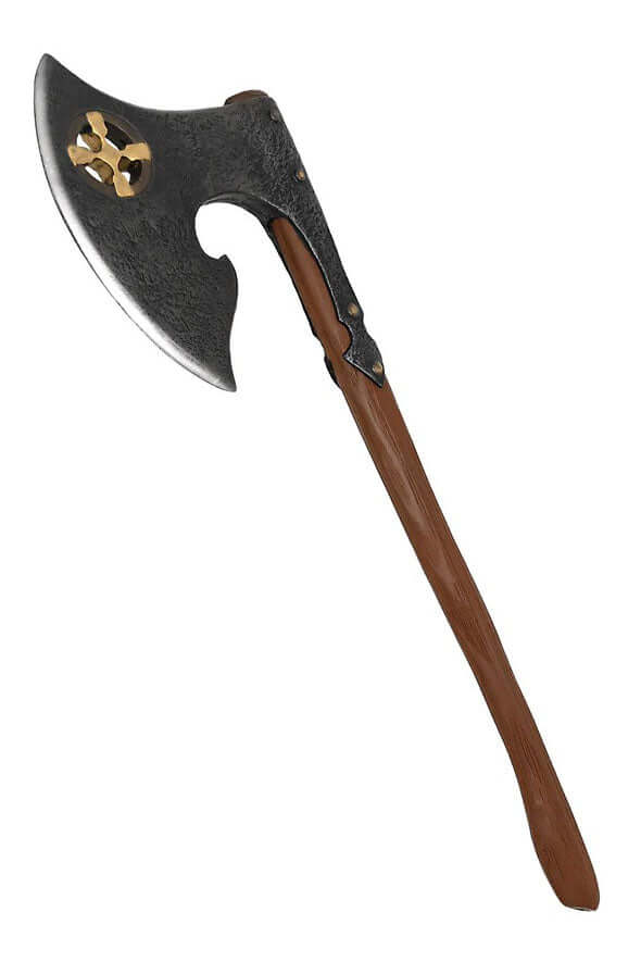 Baruk II axe from Calimacil with steel head, gold cross, and light brown handle.